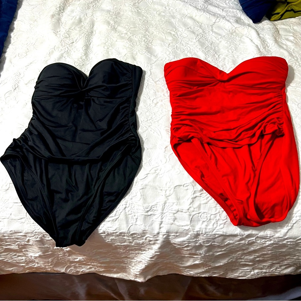 Lot of two strapless ruched one-piece bathing suits; Size 10